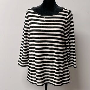 Talbots Sweater Womens Large Petite Sequin Striped Black White Scoop Neck Top